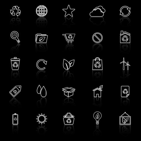 Iconos de línea ecología con reflexión sobre fondo negro vector