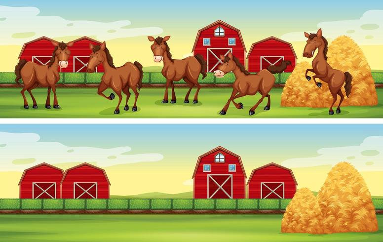 Farm scenes with horses and barns vector