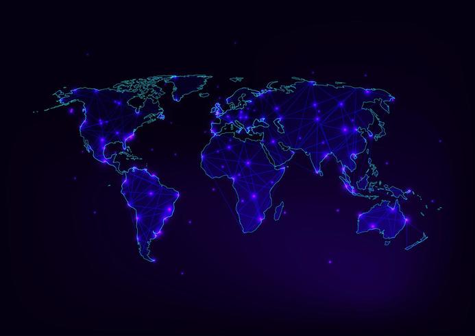 Malla de mapa mundial con contorno de continentes hecho de líneas, puntos, estrellas y triángulos vector