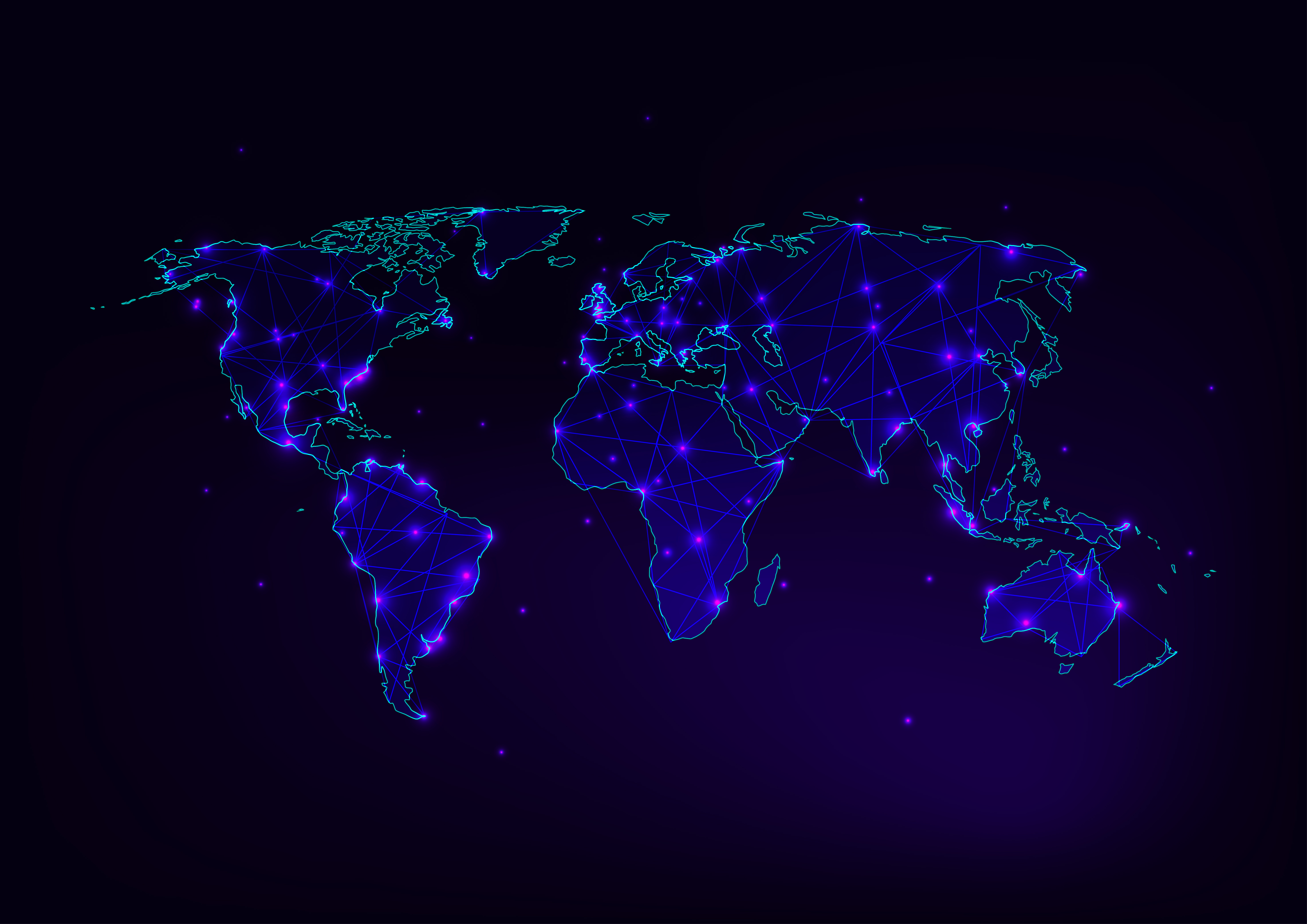 World map mesh with continents outline made of lines, dots, stars and ...