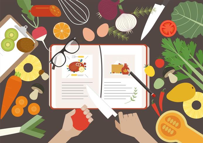 Top View of Recipe book and vegetables on table vector