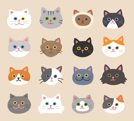 Conjunto de caras de gato lindo vector