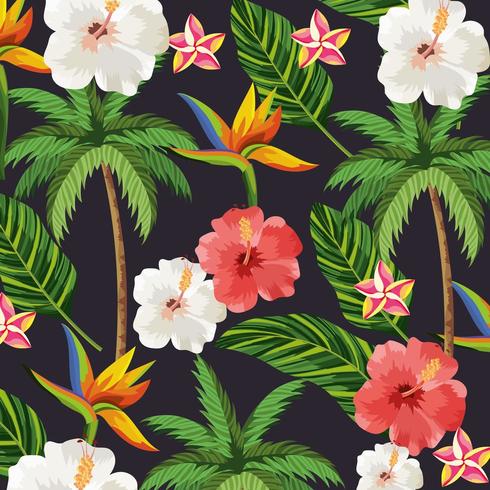 flores tropicales y plantas de fondo de palma vector