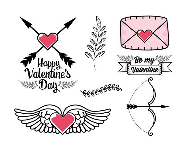 set of heart with wings, love card and other valentine's elements vector