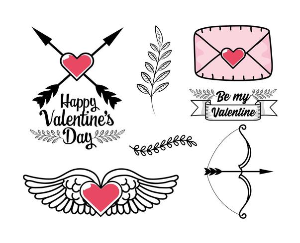 Conjunto de corazón con alas, tarjeta de amor y otros elementos de San Valentín vector