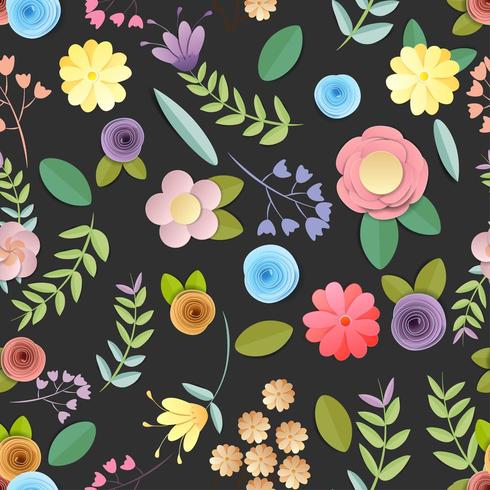 craft paper flowers pattern seamless background on black background vector