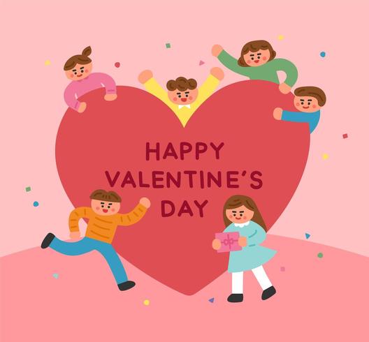 Niños lindos alrededor de un gran corazón para el día de san valentín vector