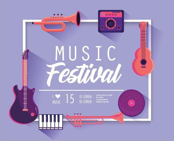 Cartel del festival de música con instrumentos profesionales. vector