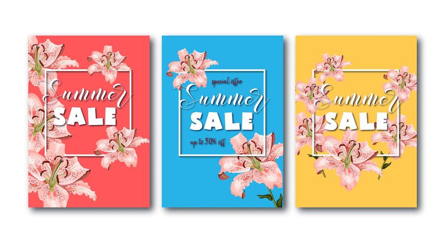 Summer sale flyers set with coral oriental lily flowers, white square frame and promo text. vector