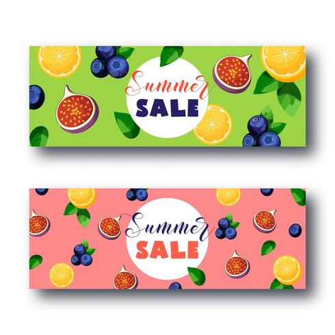 Banner de venta de verano con frutas coloridas brillantes vector