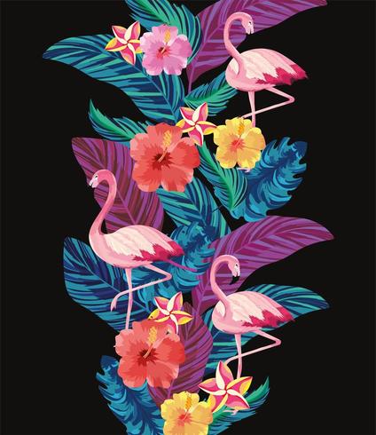 tropical flamingos with leaves and flowers background vector