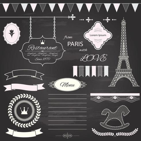 Paris Themed Design elements set on chalkboard background. vector