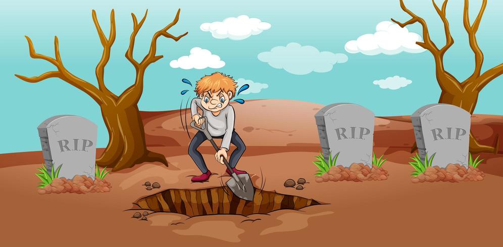 Scene with man digging hole in graveyard vector