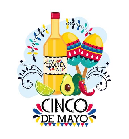 tequila with maracas and avocado for cinco de mayo vector