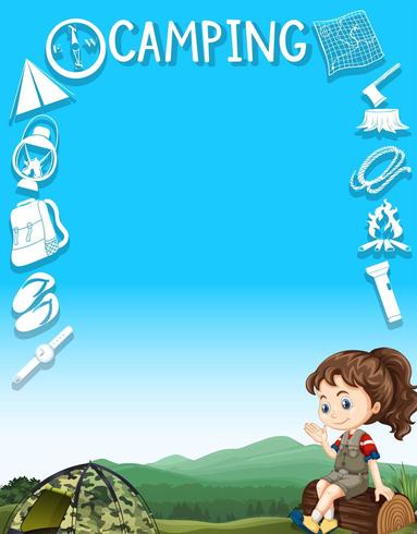 Border design with camping gear and girl vector