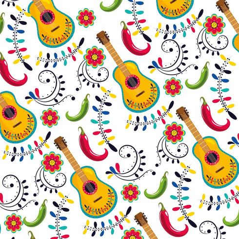 mexican guitar with flowers and chilis decoration pattern vector