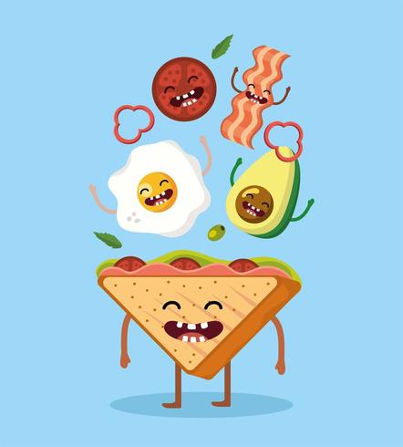 happy triangle bread and delicious breakfast food vector