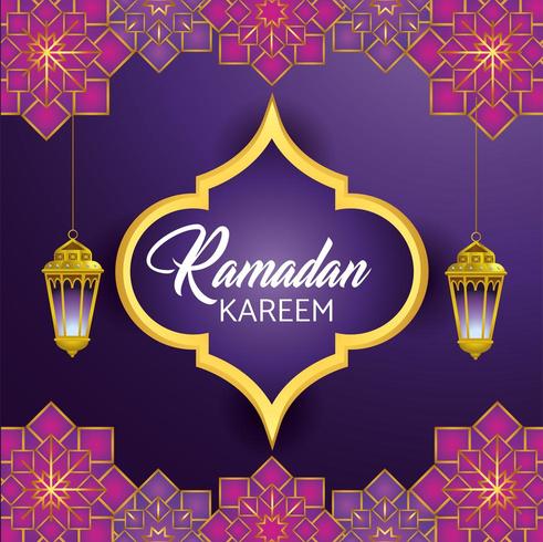 label with lamps hanging for ramadan kareem celebration vector