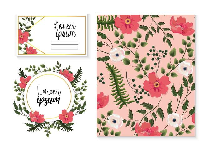 set of card and label with exotic flowers and leaves vector