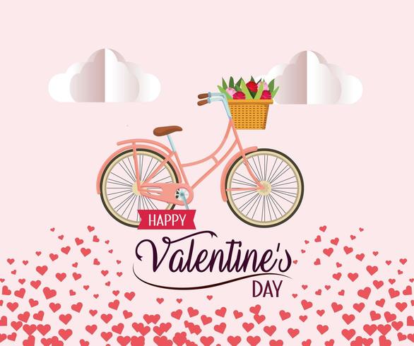 Bicicleta con decoración de flores, nubes y corazones para el día de San Valentín vector