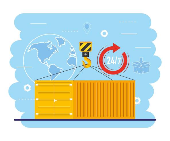 Contenedores con gancho para grúa y servicio de mapas globales vector