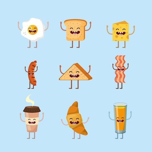 set of happy and delicious breakfast foods vector