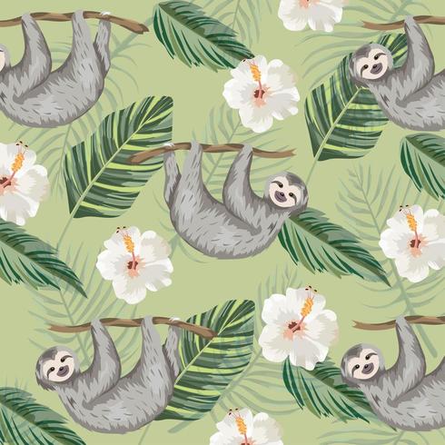 sloth with tropical flowers and leaves background vector