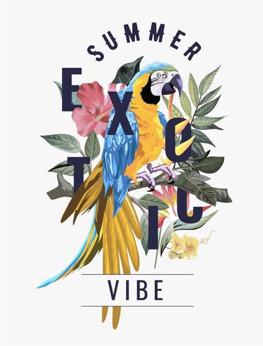 summer exotic slogan with macaw bird in exotic forest vector