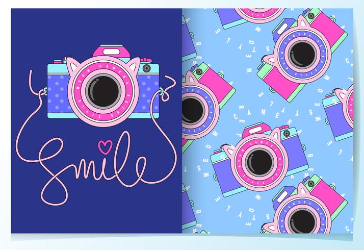 Hand drawn cute camera with pattern set vector