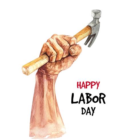 Watercolor hand drawn Labor Day illustration of hand and hammer vector