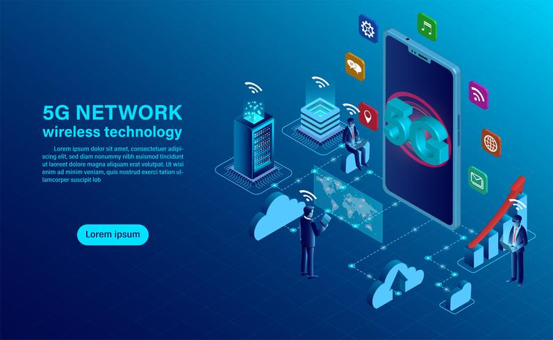 Smartphone con letras grandes 5g y personas con dispositivos móviles vector