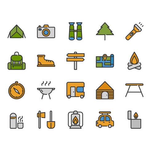 Conjunto de iconos relacionados con camping y viajes vector