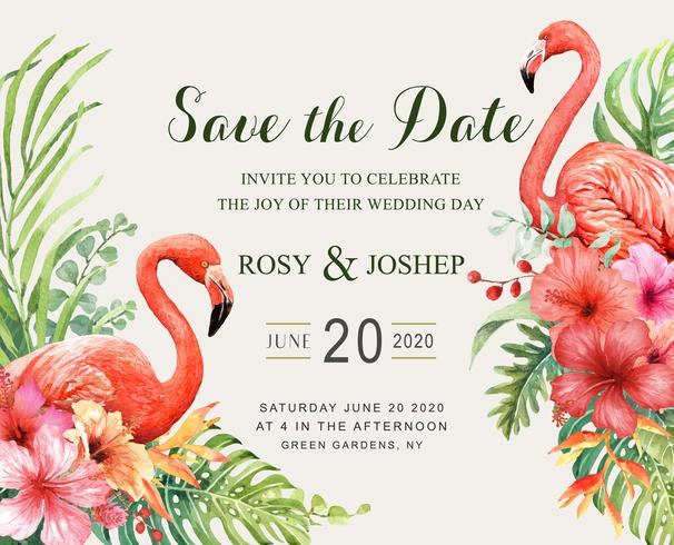 Save the Date Watercolor Flamingo with tropical bouquet. vector