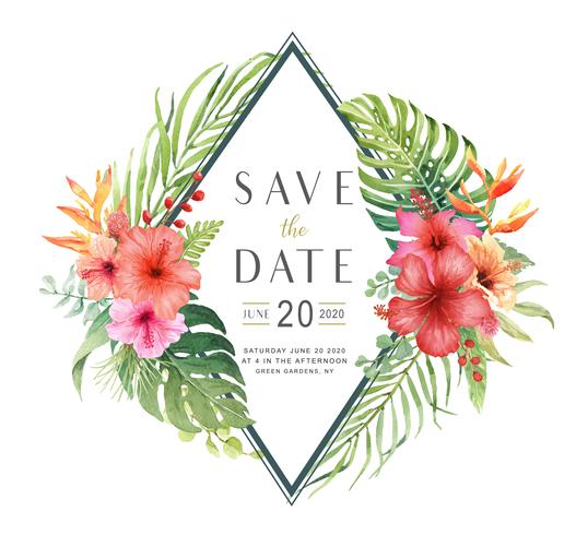 Save the Date watercolor Hibiscus bouquet card. vector