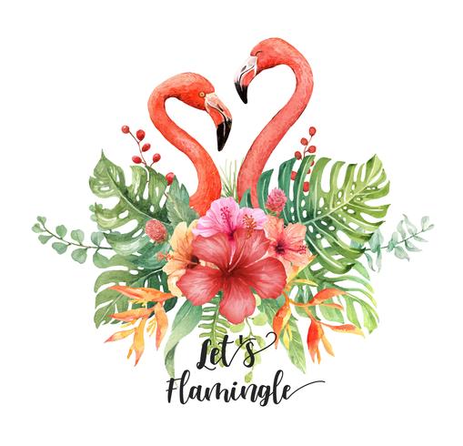 Watercolor Flamingos making Heart in Tropical Bouquet. vector