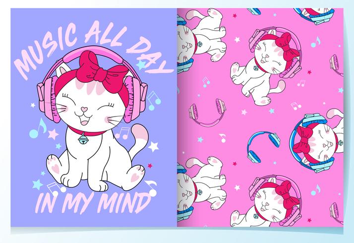 Hand drawn cute cat listening to music with pattern set vector