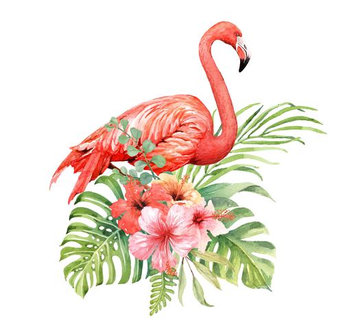 Watercolor Flamingo in Tropical Bouquet Elements. vector