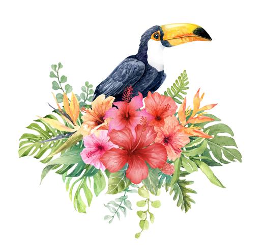 Watercolor Toucan bird in tropical bouquet. vector