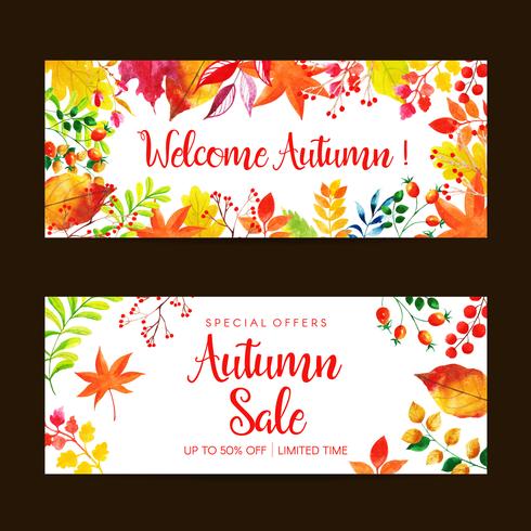 Conjunto de banner de venta otoño acuarela vector