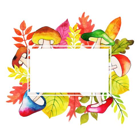 Watercolor Autumn Leaves With Mushrooms Frame vector