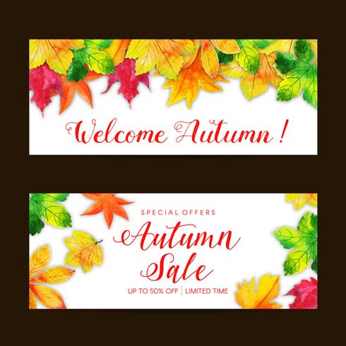 Hermoso conjunto de banner de venta otoño acuarela vector