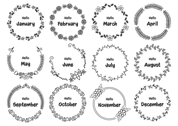 Marcos redondos florales dibujados a mano con meses del año vector