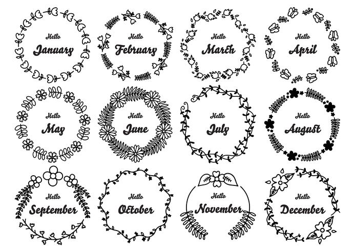 Hand drawn floral round frames set with months of the year vector