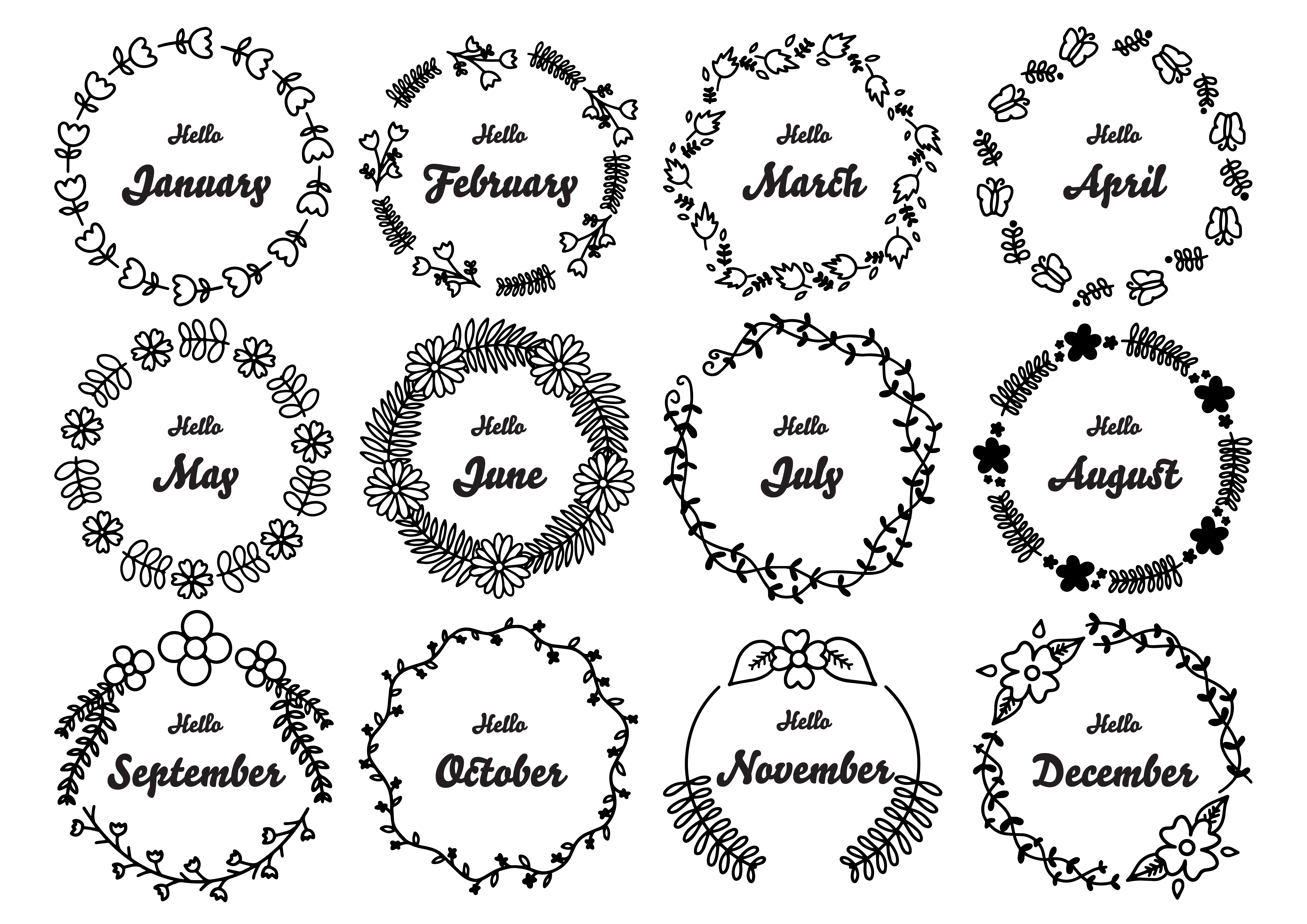 Hand drawn floral round frames set with months of the year 670317 ...