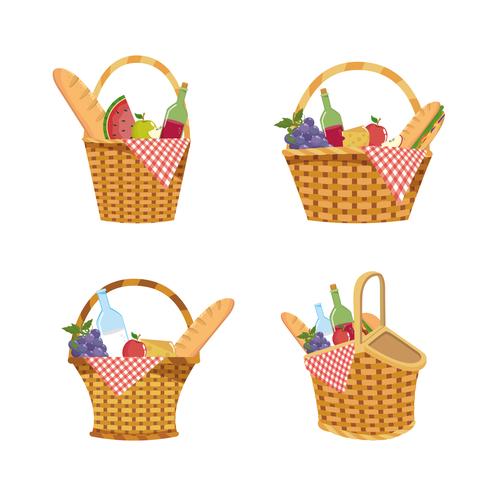 Set of picnic basket with food and tablecloth decoration vector