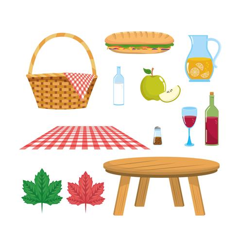 Set of picnic hamper with tablecloth and table with food vector