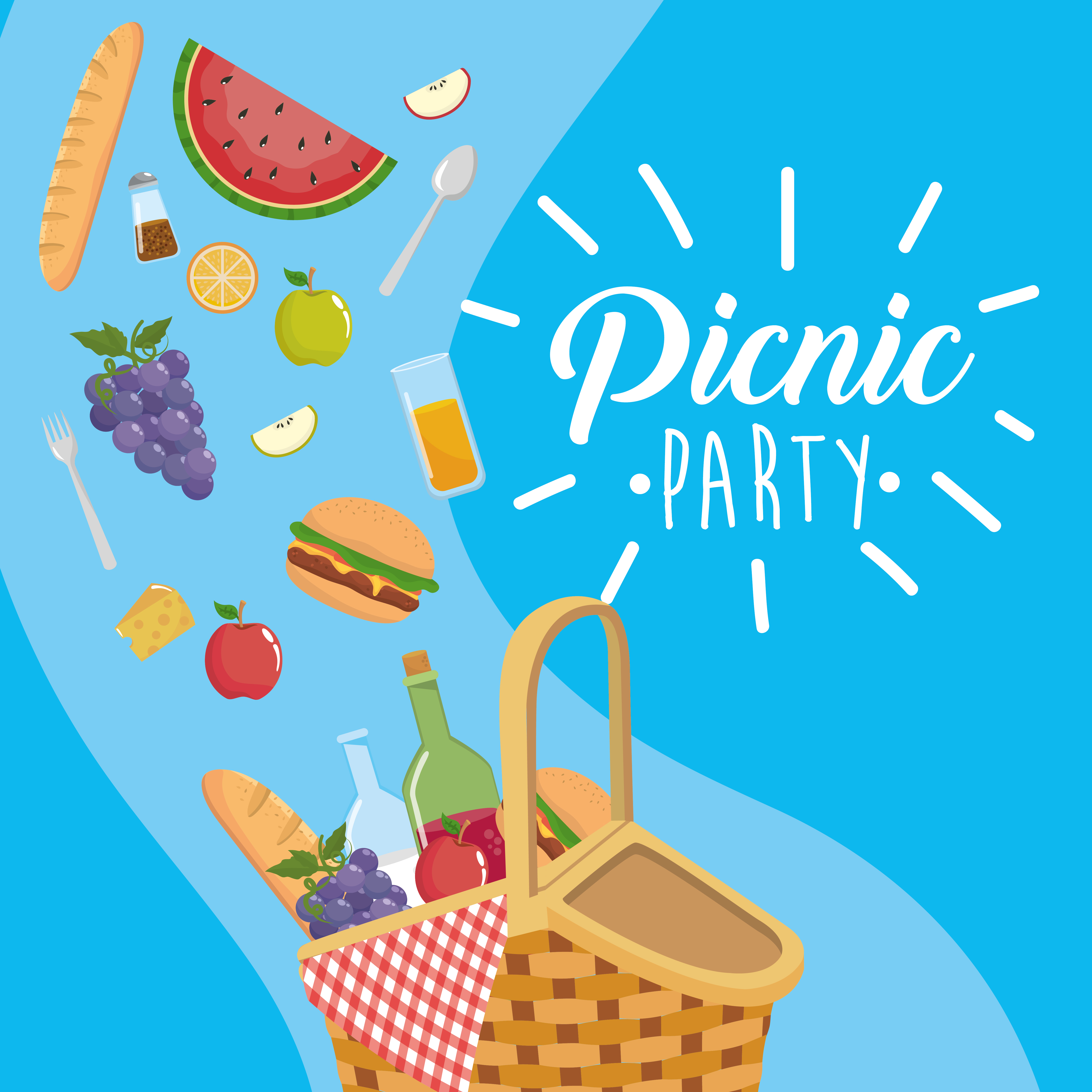 Picnic party poster with basket and food 670368 Vector Art at Vecteezy