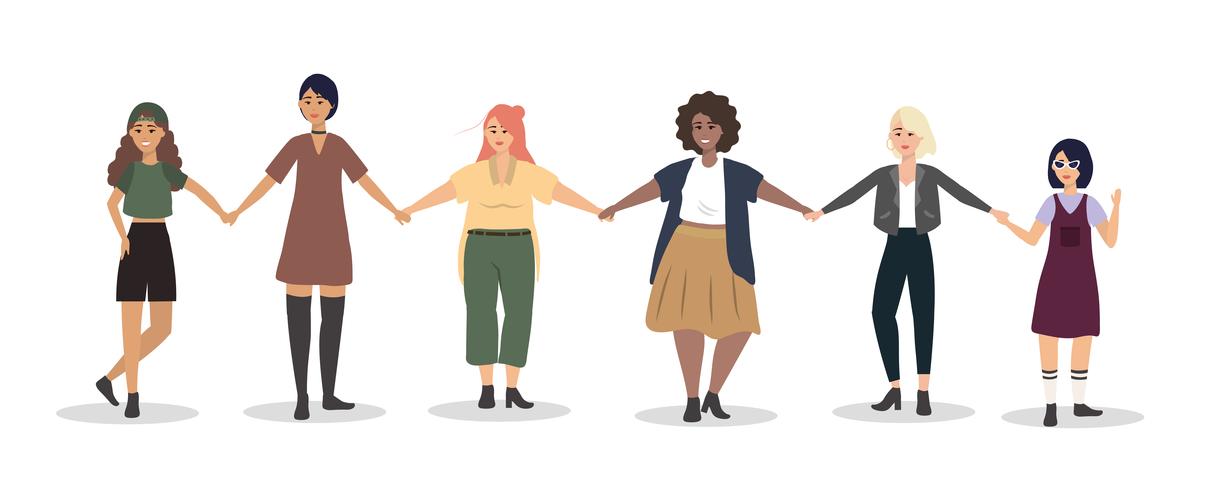 Conjunto de mujeres jóvenes tomados de la mano vector