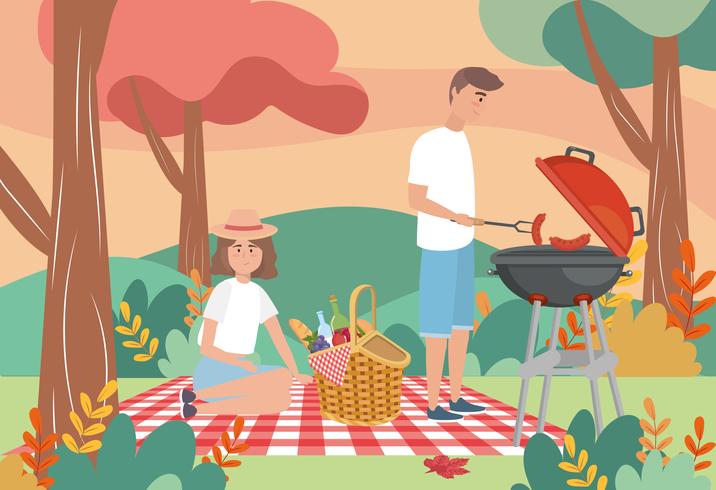 Man and woman having picnic and grilling sausages vector