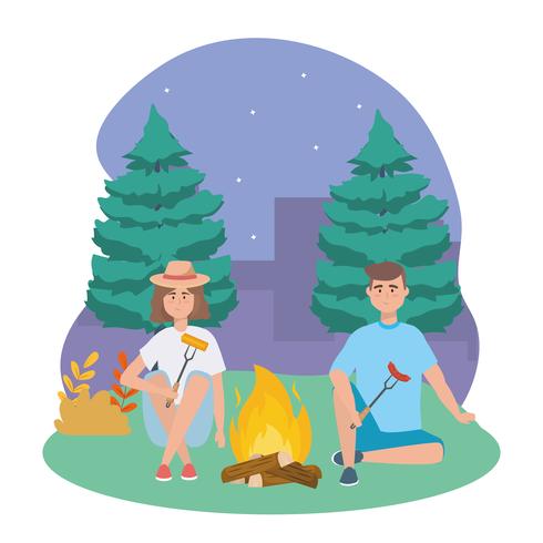 Man and woman with campfire at night  vector